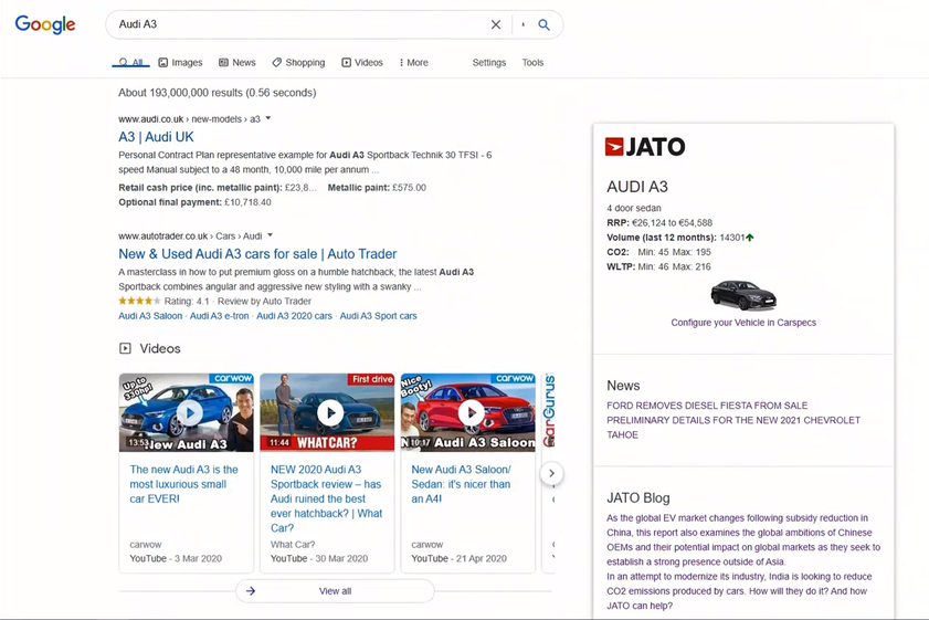 Google search results screenshot of a query for 'Audi A3' that includes additional JATO information supplied by the JATO Chrome Extension